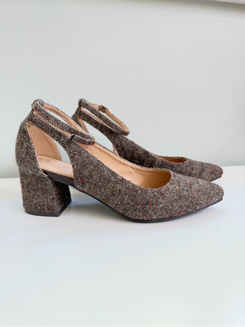 CL by Laundry Tweed Speckled Ankle Strap Heels‎ Womens 7.5 Mary Jane Career Shoe